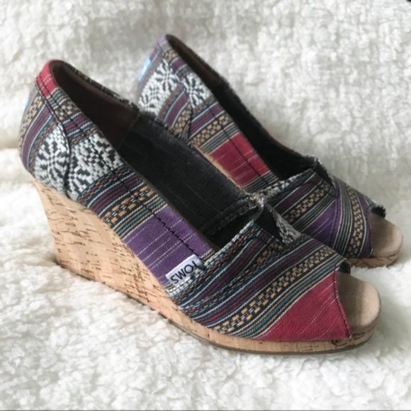 Toms Shoes - TOMS Open Toe Cork Wedges Canvas Navajo Stripe